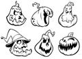 Halloween Pumpkins curved with jack o lantern face. Vector cartoon illustration. Strokes and outlines