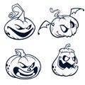 Halloween Pumpkins curved with jack o lantern face. Vector cartoon illustration. Strokes and outlines.