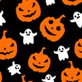 Halloween pumpkins and cute ghosts seamless pattern