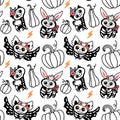 Halloween pumpkins and cute skeletons of animals. Kids print.