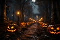 Halloween pumpkins in 3D eerie forest A spine chilling visual delight Royalty Free Stock Photo