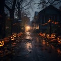Halloween pumpkins in a dark alley at night, Halloween background Royalty Free Stock Photo