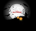 Halloween pumpkins and dark castle on black Moon background, illustration, Bloody red Halloween text.
