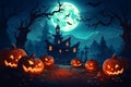 Halloween pumpkins and dark castle on blue moon background, Generative AI illustration. Royalty Free Stock Photo