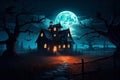 Halloween pumpkins and dark castle on blue moon background, Generative AI illustration. Royalty Free Stock Photo