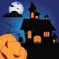 Halloween pumpkins and dark castle on blue Moon background, illustration Royalty Free Stock Photo