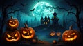 Halloween pumpkins and dark castle on blue Moon background, illustration Royalty Free Stock Photo