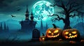 Halloween pumpkins and dark castle on blue Moon background, illustration Royalty Free Stock Photo