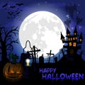 Halloween pumpkins and dark castle on blue Moon background, illustration. Royalty Free Stock Photo