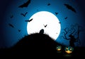 Halloween pumpkins and dark castle on blue Moon background, illustration. Royalty Free Stock Photo