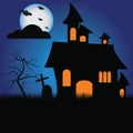 Halloween pumpkins and dark castle on blue Moon background, illustration Royalty Free Stock Photo