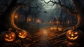 Halloween pumpkins and dark castle on blue moon background illustration Royalty Free Stock Photo