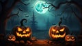 Halloween pumpkins and dark castle on blue moon background illustration Royalty Free Stock Photo