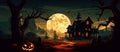 Halloween pumpkins and a dark castle on a blue moon background. Panoramic Generative AI illustration.