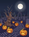 Halloween pumpkins and dark cemetery on Moon background Royalty Free Stock Photo