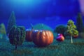 Halloween with Pumpkins and Dark Forest. Halloween background. Fairy tale. Macro. Artificial magic dreamy world.