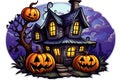 AI Generative. Halloween pumpkins at the dark house at night Royalty Free Stock Photo
