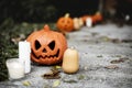 Halloween pumpkins and decorations outside a house Royalty Free Stock Photo