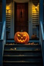 halloween pumpkins and decorations outside a house ai generated Royalty Free Stock Photo