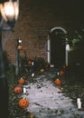 Halloween pumpkins and decorations outside a house