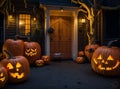 Halloween Pumpkins and Decorations Outside a House: Night View of Spooky Decor. Royalty Free Stock Photo