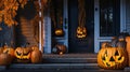 Halloween Pumpkins and Decorations Outside a House: Night View of Spooky Decorr. Royalty Free Stock Photo