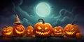 Halloween pumpkins of different sizes and shapes sitting in a row under night sky lit by full moon. Cartoon panoramic illustration