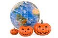 Halloween pumpkins with Earth Globe. 3D rendering