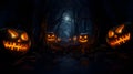 Halloween pumpkins in the forest at night, 3d render. Halloween background with Evil Pumpkin.