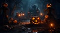 Halloween pumpkins in the forest at night. 3D rendering. Halloween background with Evil Pumpkin.