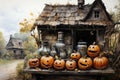 Halloween pumpkins in front of a rustic wooden house. generative AI Generative AI Royalty Free Stock Photo