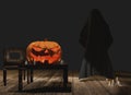 Halloween pumpkins and ghost demon and candles 3d illustration a