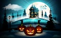 Halloween pumpkins in graveyard and dark castle on blue Moon background, illustration. Royalty Free Stock Photo