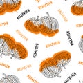 Halloween pumpkins hand drawn seamless pattern with a blob on a white background