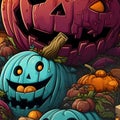 Halloween pumpkins and harvest as abstract background, wallpaper, banner, texture design with pattern - vector. Dark colors