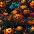 Halloween pumpkins and harvest as abstract background, wallpaper, banner, texture design with pattern - vector. Dark colors