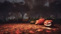 Halloween pumpkins in haunted forest at misty dusk