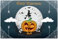 Halloween pumpkins head and haunted house castle bat spooky trees witch with full moonlight shadow