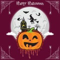 Halloween pumpkins head and haunted house castle bat spooky trees witch with full moonlight shadow vector illustration