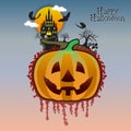 Halloween pumpkins head and haunted house castle bat spooky trees witch with full moonlight shadow