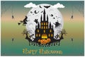 Halloween pumpkins head and haunted house castle bat spooky trees witch with full moonlight shadow