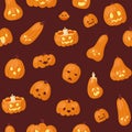 Halloween pumpkins heads with scary faces seamless vector pattern. Dark background with pumpkin-heads. For hallowen