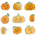 Halloween pumpkins icons set. Color contour line ink drawing. Front view Royalty Free Stock Photo