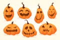 Halloween pumpkins jack o lantern with cut out eyes and mouth, set of vector cartoon illustrations. Royalty Free Stock Photo