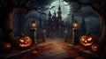 Halloween pumpkins jack o\' lanterns glowing in the dark at sunset terrifying image generative ai