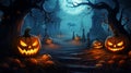 Halloween pumpkins jack o\' lanterns glowing in the dark at sunset terrifying image generative ai