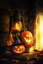 Halloween pumpkins and lantern in an old house by the window where the moonlight shines Royalty Free Stock Photo