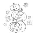 Halloween pumpkins Line art drawing,black and white sketch.Creepy pumpkins and autumn falling leaves.vector illustration Royalty Free Stock Photo