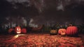 Halloween pumpkins in misty autumn forest at dusk