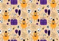 Halloween pumpkins monsters seamless ghost and web and skulls and balloons pattern for wrapping paper